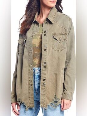 Free People Womens Moonchild Denim Cold Weather Shirt Jacket Army Green Sz XS